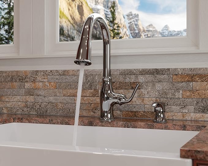 Pfister Rosslyn Kitchen Faucet with Pull Down Sprayer and Soap Dispenser, Single Handle, High Arc, NSF Certified, Polished Chrome Finish, F5297RSSRC