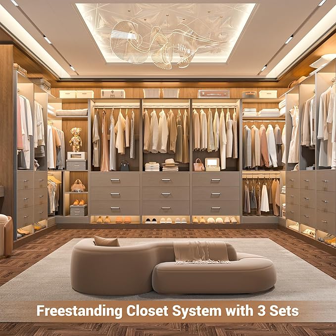 Aheaplus Closet System with 6 Drawers, 4 Hanging Rods & Corner Tower, Corner Closet System with Hanging,80.9" L-Shaped Walk-In Wardrobe Organizer, 2000+ lbs Capacity, Set of 3, Grey