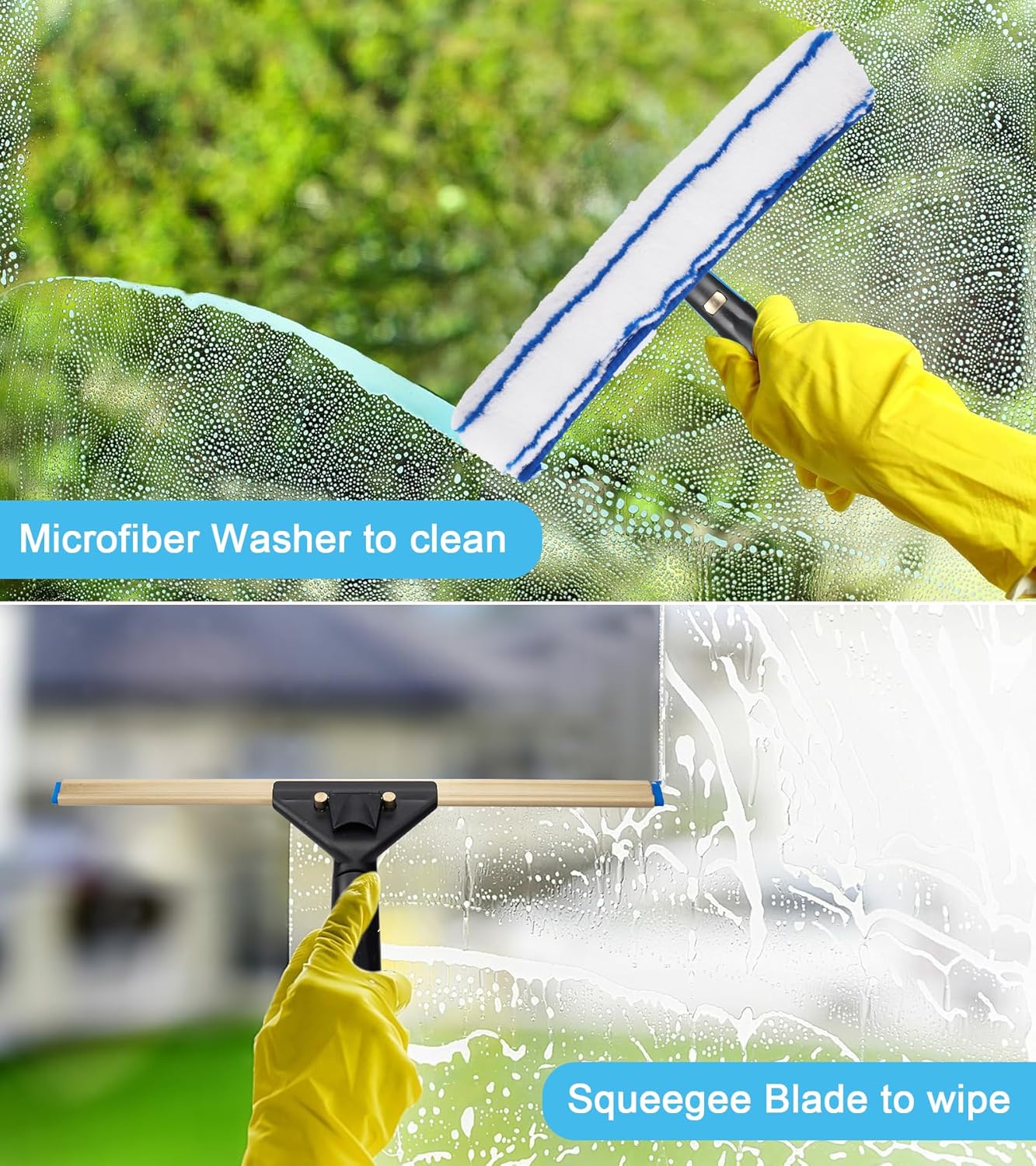 Window Cleaning Kit with Storage Bucket, Window Squeegee with 4.13ft Extension Pole, Scrubber, Spray Bottle,Duster Cloth, Squeegee with Rotating Head, Professional Window Cleaning Tools