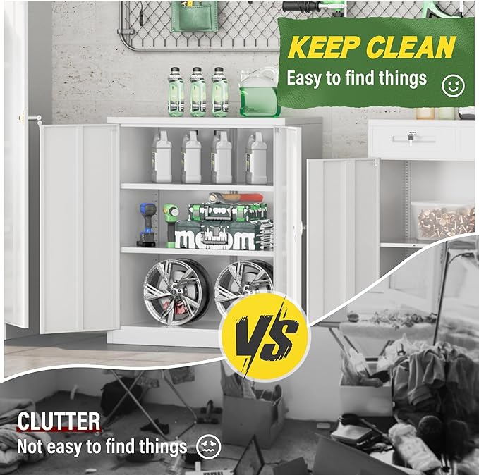 Greenvelly Metal Storage Cabinet, 36" Locking Storage Cabinet with Doors and Shelves, Lockable Storage Cabinets for Home Office, Utility Locker Cabinet, Steel Garage Cabinet with 2 Keys, White Grey