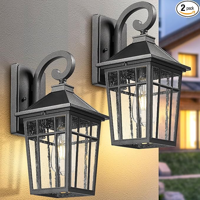 Darkaway Outdoor Wall Lights for House, Exterior Lighting Fixtures Wall Mount Outdoor Porch Lights Waterproof Black Outdoor Sconce Lights with Seeded Glass for Patio Hallway Garage,2 Pack