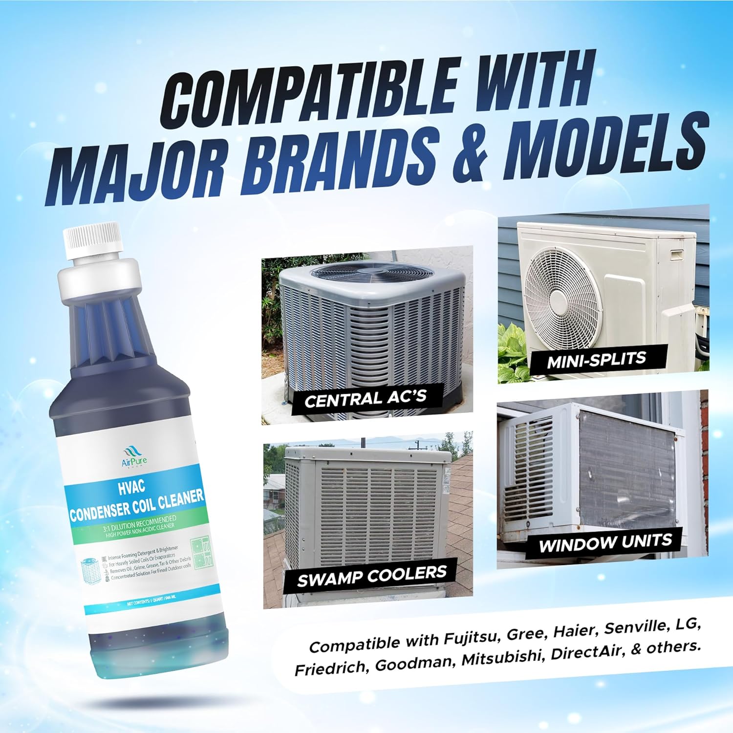 Condenser Coil Cleaner - 1 Quart (946mL), High-Foaming, Non-Acidic Formula – Heavy-Duty Degreaser for Outdoor Condensers, HVAC Systems, Mini Splits, and Heat Pumps, For Commercial or Residential Use