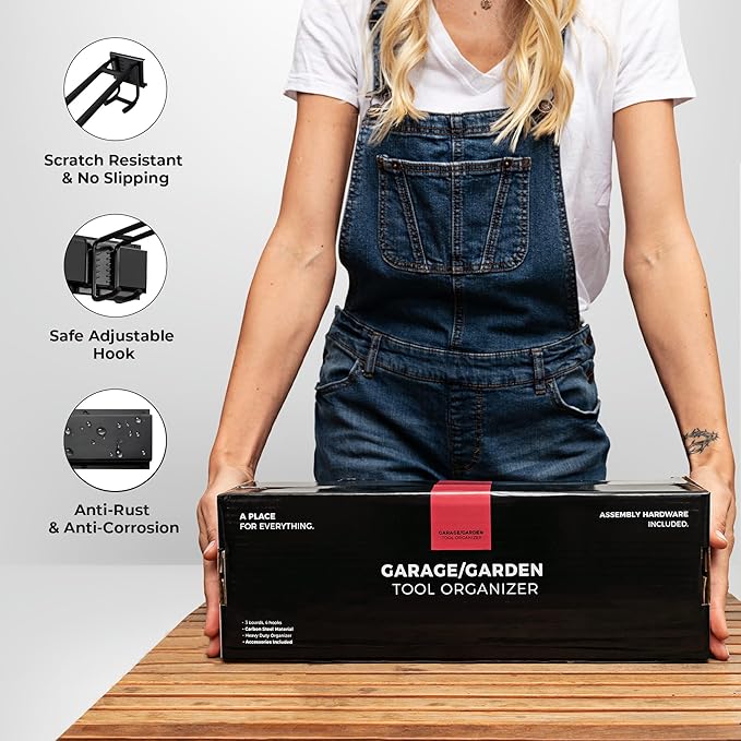 TIDYME Garage Tool Organizer Wall Mount - 80 inches - Sturdy Storage Rack with Adjustable Hooks, Anti-Rust - Easy Installation, 500lbs Capacity - Garden Tool Organizer (05 Racks & 10 Hooks)