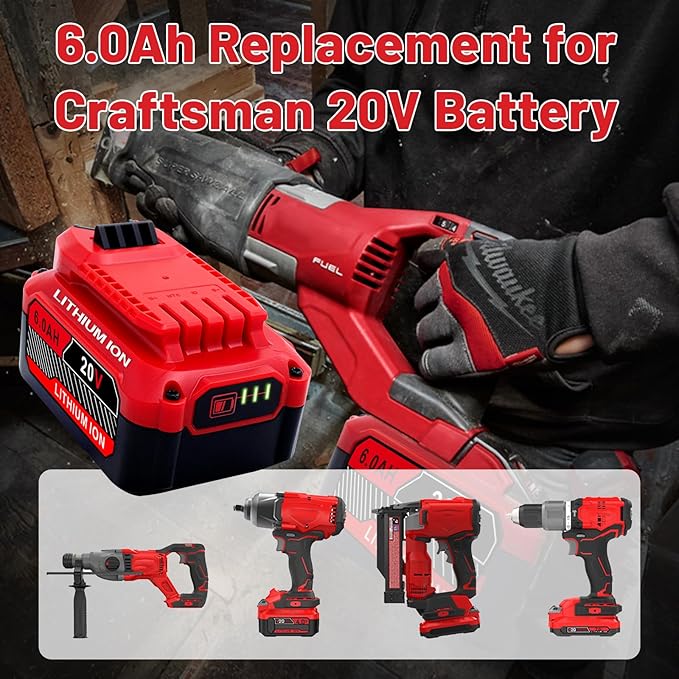 Upgrade 2-Pack 6.0Ah Batteries Replacement for Craftsman 20V Battery Compatible with Craftsman CMCB205 CMCB204 CMCB206 CMCB202 CMCB201 20V Cordless Power Tools