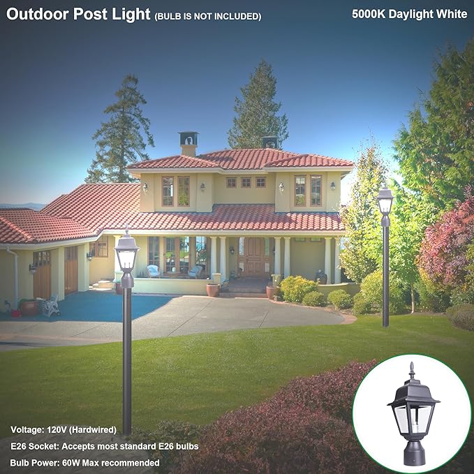 LIT-PaTH Outdoor Post Lighting Fixture Pole Lantern, E26 Medium Base Max 60W, Aluminum Housing Plus Clear Glass, Bulb Not Included, Matte Black Finish, 2-Pack