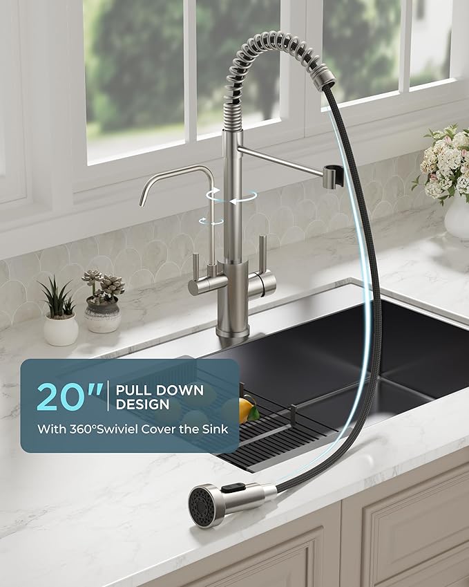 FORIOUS Kitchen Faucet with Purfied Water Filter, 2 in 1 Commercial Stainless Steel Pull Down Sink Faucet and Drinking Water Faucet 2 Handle for Pot Filler Kitchen Sink Farmhouse Bar, Brushed Nickel