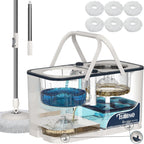 Gen 1 Large-Capacity Spin Mop and Bucket – for Big Homes & Deep Cleaning Days,4-Chamber System Separates Dirty & Clean Water, 2-GAL Heavy-Duty Design with Wheels & 6 Refill Mop Heads - White/Grey