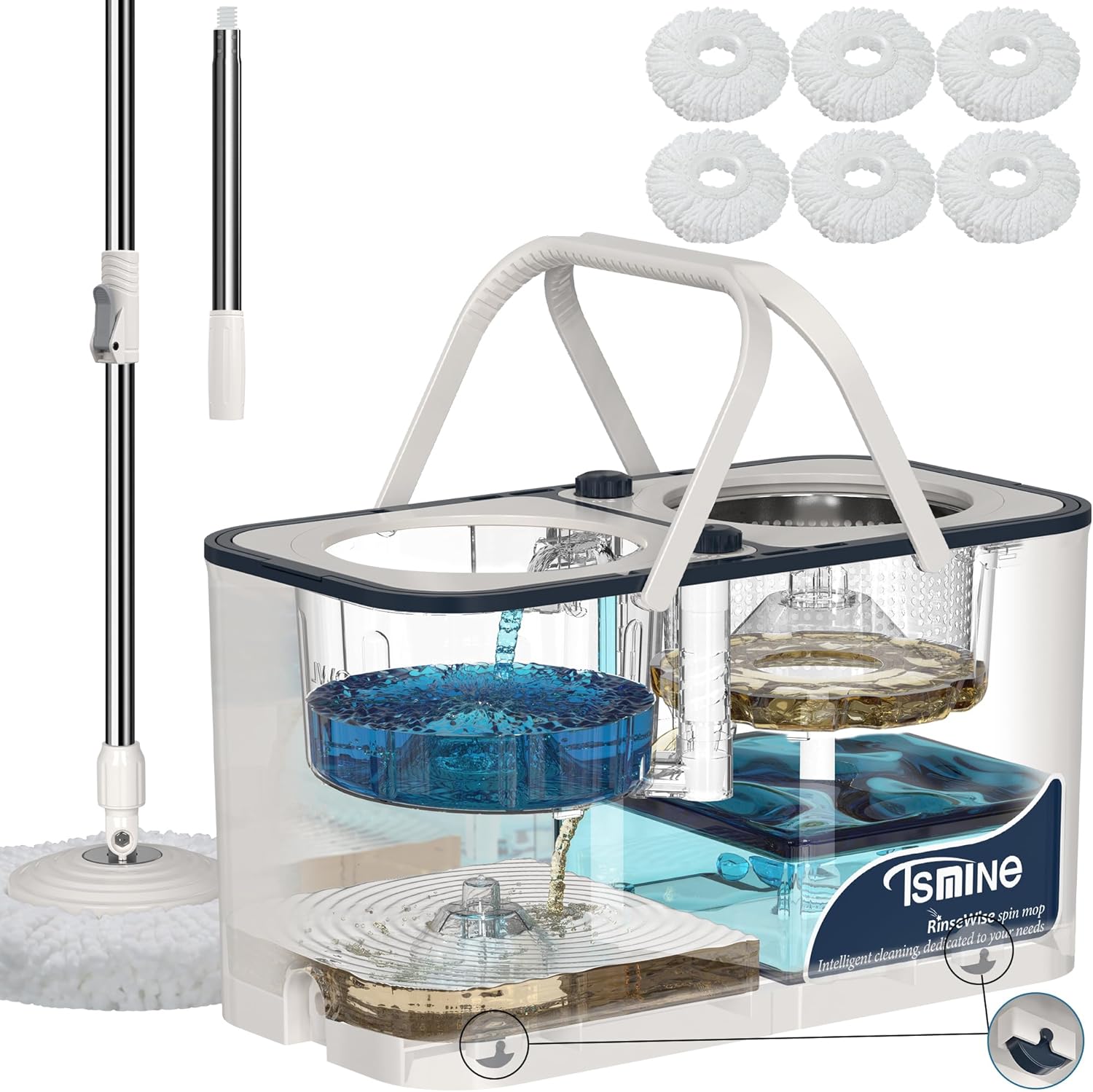 Gen 1 Large-Capacity Spin Mop and Bucket – for Big Homes & Deep Cleaning Days,4-Chamber System Separates Dirty & Clean Water, 2-GAL Heavy-Duty Design with Wheels & 6 Refill Mop Heads - White/Grey