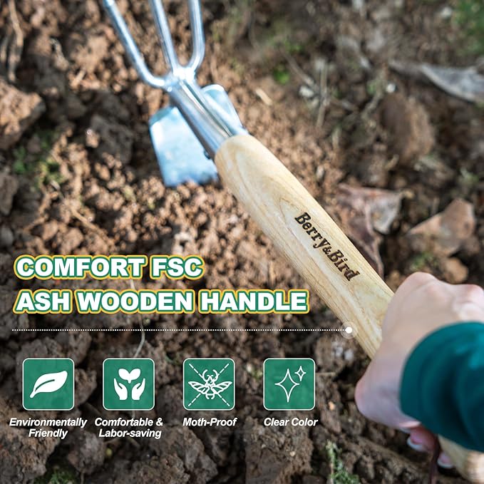 Berry&Bird 2IN1 Hand Tools Hoe and Cultivator, Stainless Steel Garden Hand Tiller and Pickaxes with Wooden Handle, 14''Weeding Hoes for Digging, Loosening Soil, Cultivating, Planting and Farming Tool