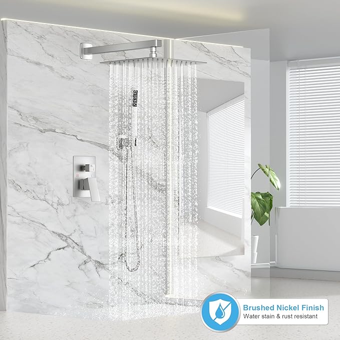 Shower Faucet Set Bathroom Square Rain Shower Head and Handle Set, Wall Mounted Shower Fixtures, Full Metal Trim Repair Kit 12 inch Brushed Nickel (With Shower Valve)