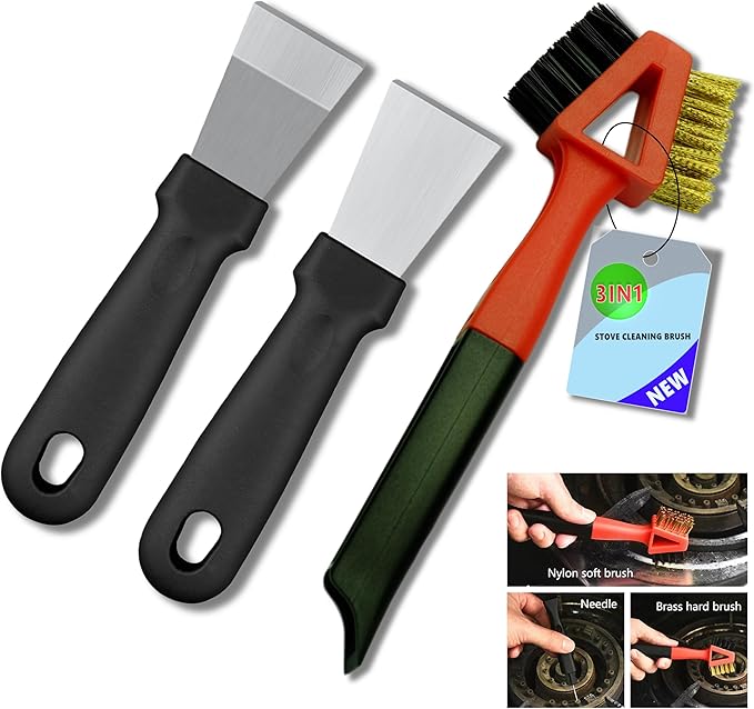 3Pcs (2 Heavy Duty Wide Using Stainless Steel Scraper and 3-in-1Kitchen Stove Cleaning Brush), Brass Brush,Wire Brush,Metal Brush,Nylon Brush, Rust Cleaner for Pot, Range Hood Grease Grime Cleaner