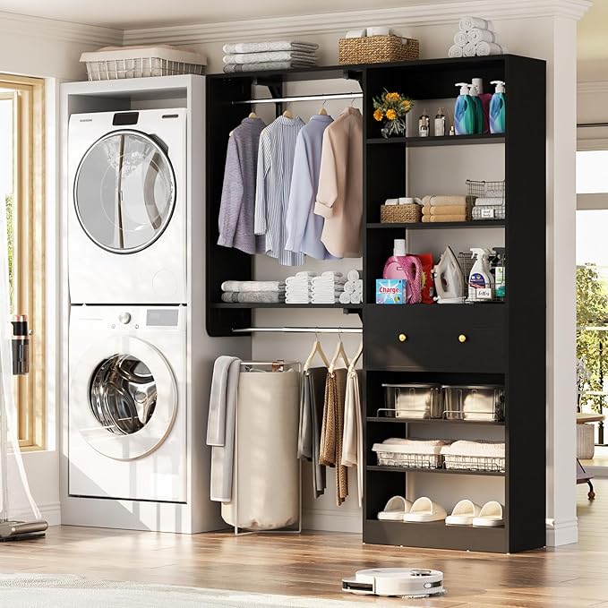 Closet System with Drawer - Reversible 5FT Wood Closet Organizer System with 2 Hanging Rods and Adjustable Shelf, Walk In Closet Organizers with Shoe Rack, Built-In Garment Rack Clothes Rack, Black