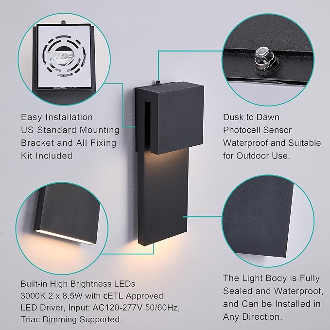 Dusk to Dawn Outdoor Lighting Fixture Wall Mount,Modern Integrated LED 2-Light 17W, Exterior Sensor Front Porch Light,Textured Black,Anti Rust Outside Wall Lights for House,Doorway,Garage