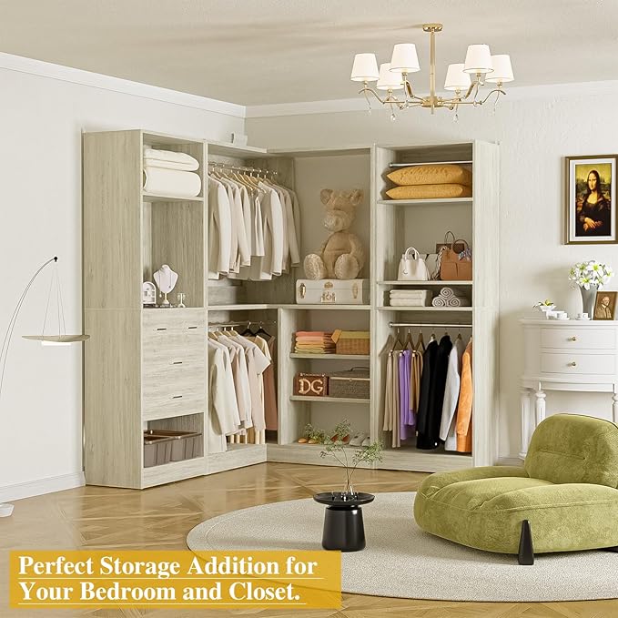 Unikito 86 Inch Closet System, 3 Sets Corner Closets Organizer with Hanging Rods and Mirror Design, Freestanding Adjustable Wood Clothes Garment Rack with Drawers, Sturdy Walk in Closet Kit, White Oak