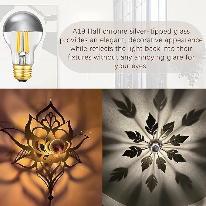 Half Chrome Light Bulb 6W (60 Watt Equivalent), Dimmable A19 2700K Warm White Decorative LED Edison Bulb, E26 Silver Tipped Light Bulb,A60,AC120V, Pack of 4