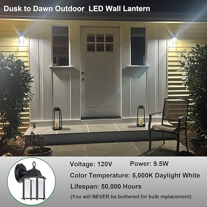 LIT-PaTH Small Outdoor LED Wall Lantern with Dusk to Dawn Photocell, 5000K Daylight White, 9.5W, 800 Lumen, Aluminum Housing Plus Glass, Outdoor Rated, 1-Pack, Black