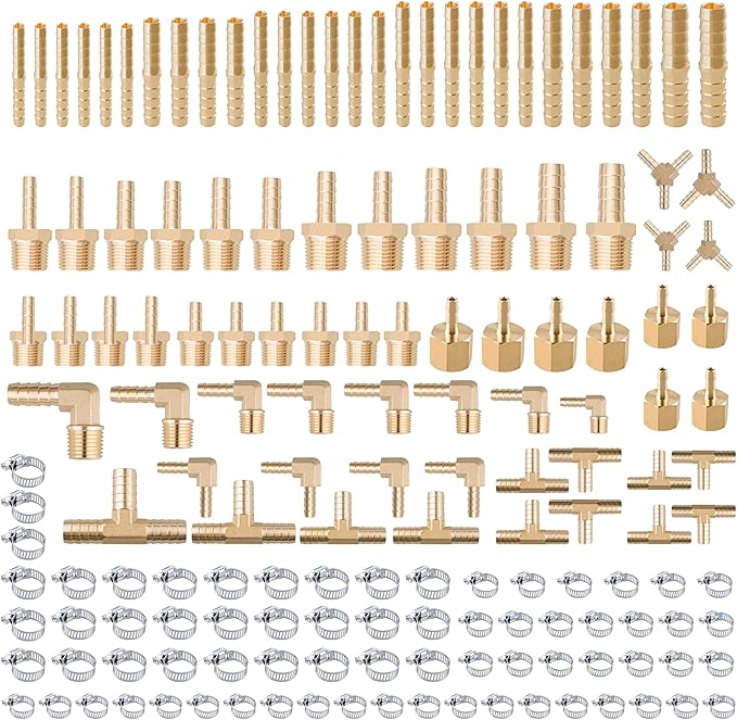 156Pcs Hose Barb Fuel Line Fittings Assortment Kit Barb Splice/Coupler/Female Adapter/Tee/Y Shaped Union/90°Male Elbow Thread 1/8" 3/16" 1/4" 5/16" 3/8" 1/2" Air Hose Fitting with Pipe Clamps for Fuel