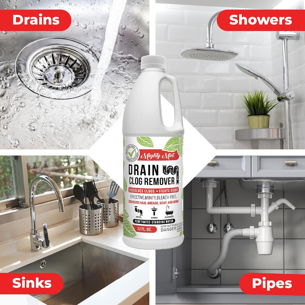 Mighty Mint Drain Clog Remover, Safe for Pipes and Septic, Dissolves Hair & Grease, Clears Blocked Drains and Deodorizes, Natural Mint Scent, 32oz (Pack of 2)