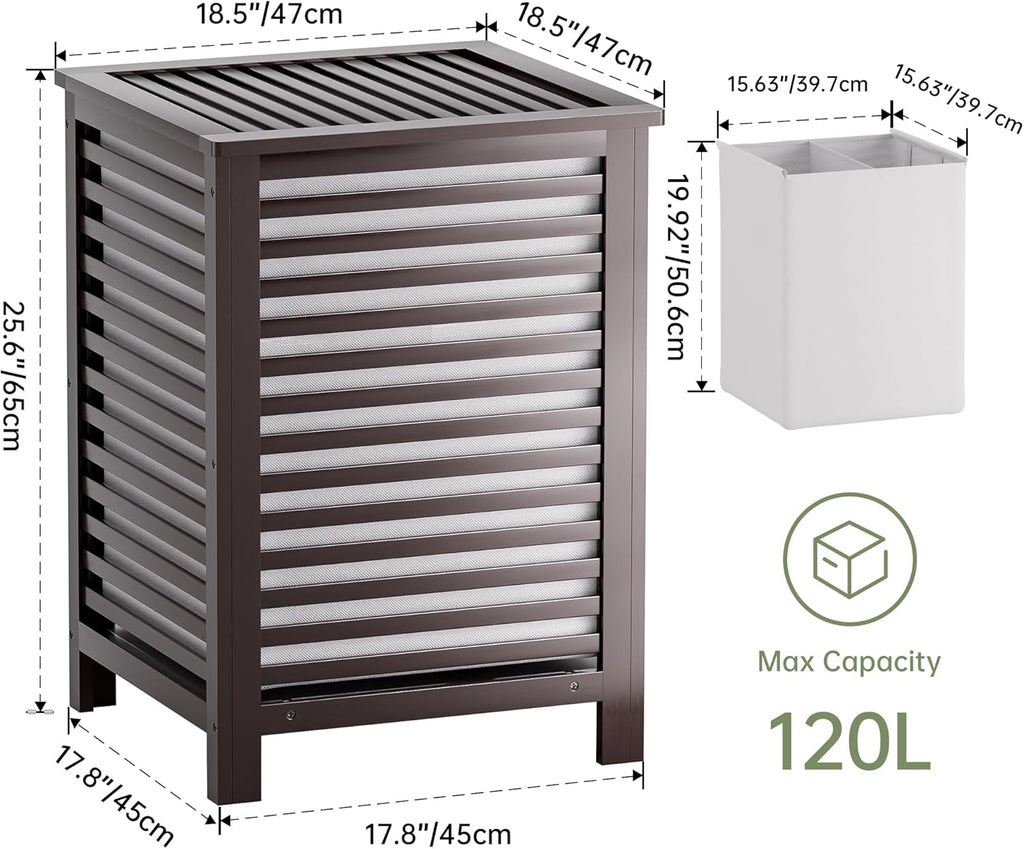 SMIBUY Double Laundry Hamper with Lid, 120L Bamboo Laundry Basket with Removable Liner Bag, 2-Section Clothes Divider Laundry Sorter for Laundry Room, Bathroom, Bedroom (Dark Brown)