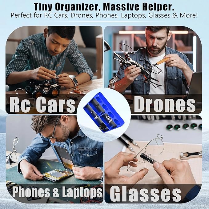 Magnet Tool Tray Aluminum Alloy Screw Tray with Tool Holder RC Parts Fixing for 1/10 RC Cars, Drones, Phone, Computer, Eyeglass, Electronic Multi-Compartment Anti-Loss Organizer Storage Box(Blue)