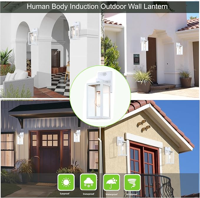 GRUENLICH Dusk to Dawn Large Outdoor Wall Lantern, PIR Motion Sensor Wall Sconce, E26 Base Max 60W, Metal Housing Plus Glass, White Finish, Bulb Not Included, 2-Pack