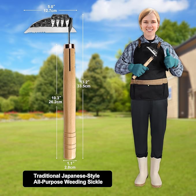 AON All-Purpose Japanese Weeding Sickle & Razor Hand Hoe, Forged Steel Weed Puller Tool with Sharp Edge & 4-Tine for Digging, Weeding, Uprooting in Vegetable Gardening, Backyard or Raised Garden Beds