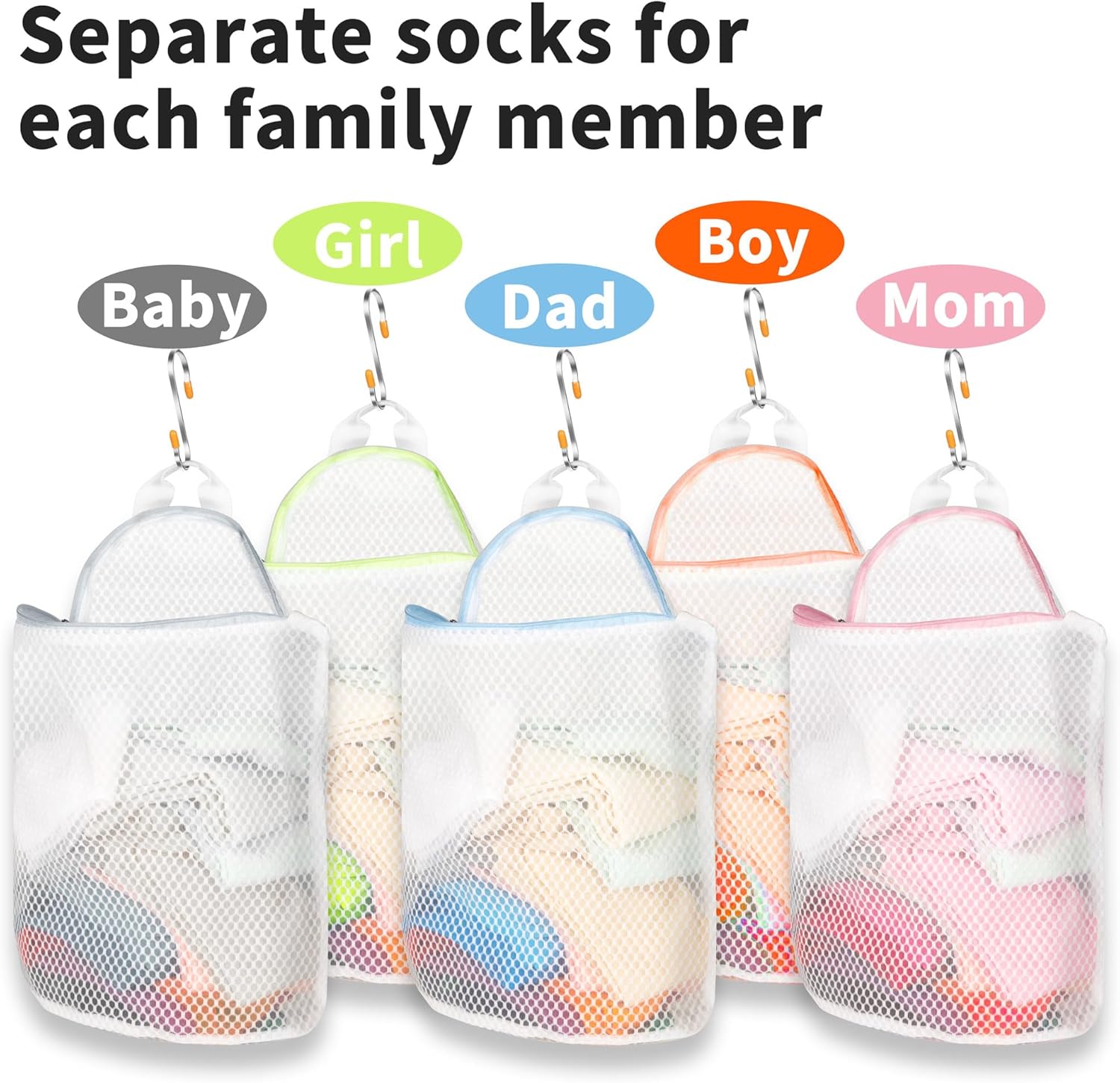 5Pcs Hanging Laundry Bags for Socks with S Hooks, 5 Color Mesh Laundry Bags for Washing Machine
