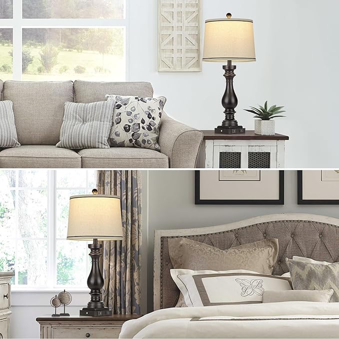 27.5" Tall Table Lamp for Living Room,Farmhouse Vintage Bedside Nightstand Lamp with USB C+A Ports & AC Outlet,3-Way Dimmable Touch Control Retro Black Lamp for Bedroom,Single Black