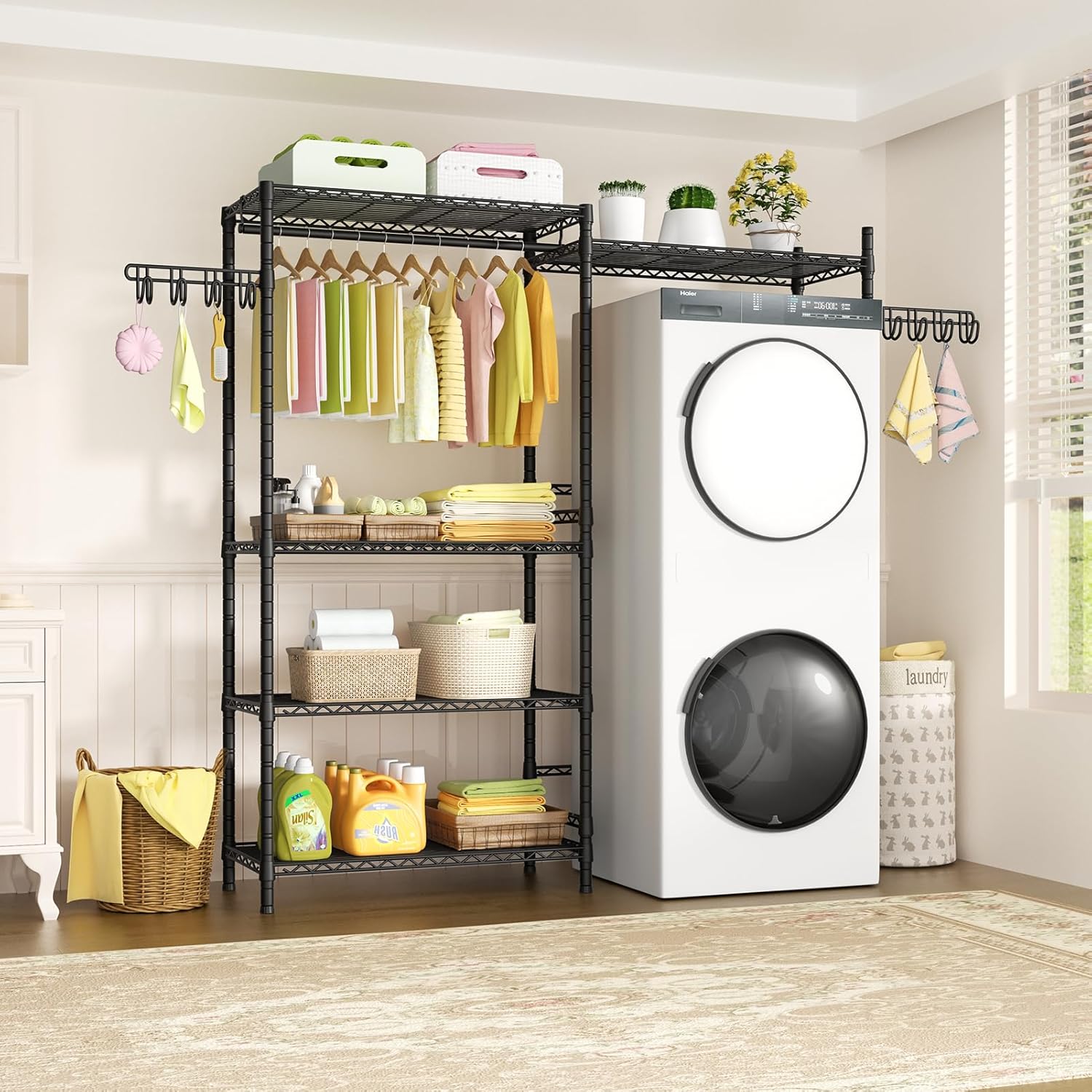 Ulif U5 Over the Washer and Dryer Storage Shelf, Laundry Room Space Saver Bathroom Storage and Organizer Rack for Hanging Towels and Drying Clothes with 5 Wire Shelves, 58.2"W x 13.4"D x 77.5"H, Black