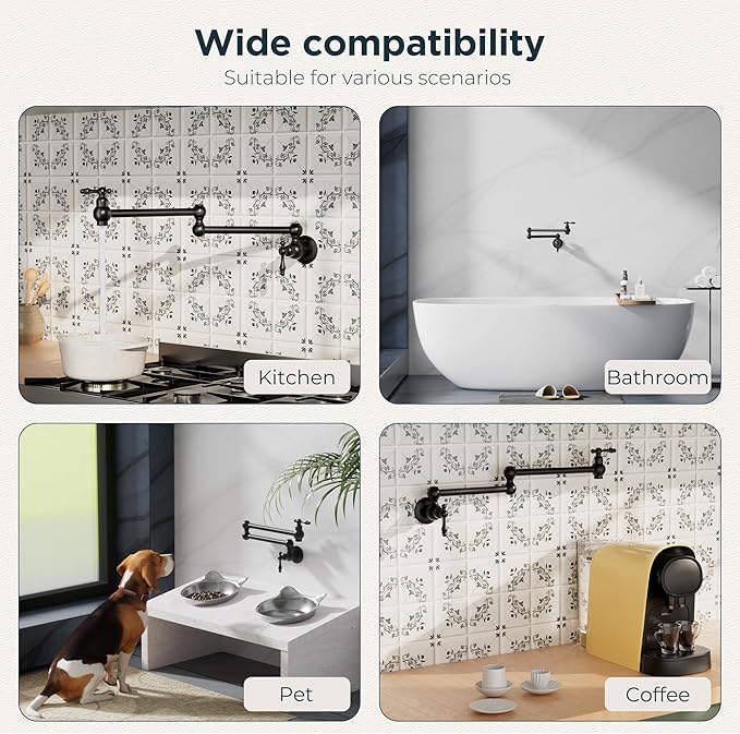 FORIOUS Pot Filler Faucet Matte Black, Folding Stretchable Solid Brass Wall Mount Commercial Traditional Faucet Over Stove with Antique Double Joint Swing Arm for Kitchen Restaurant Vintage