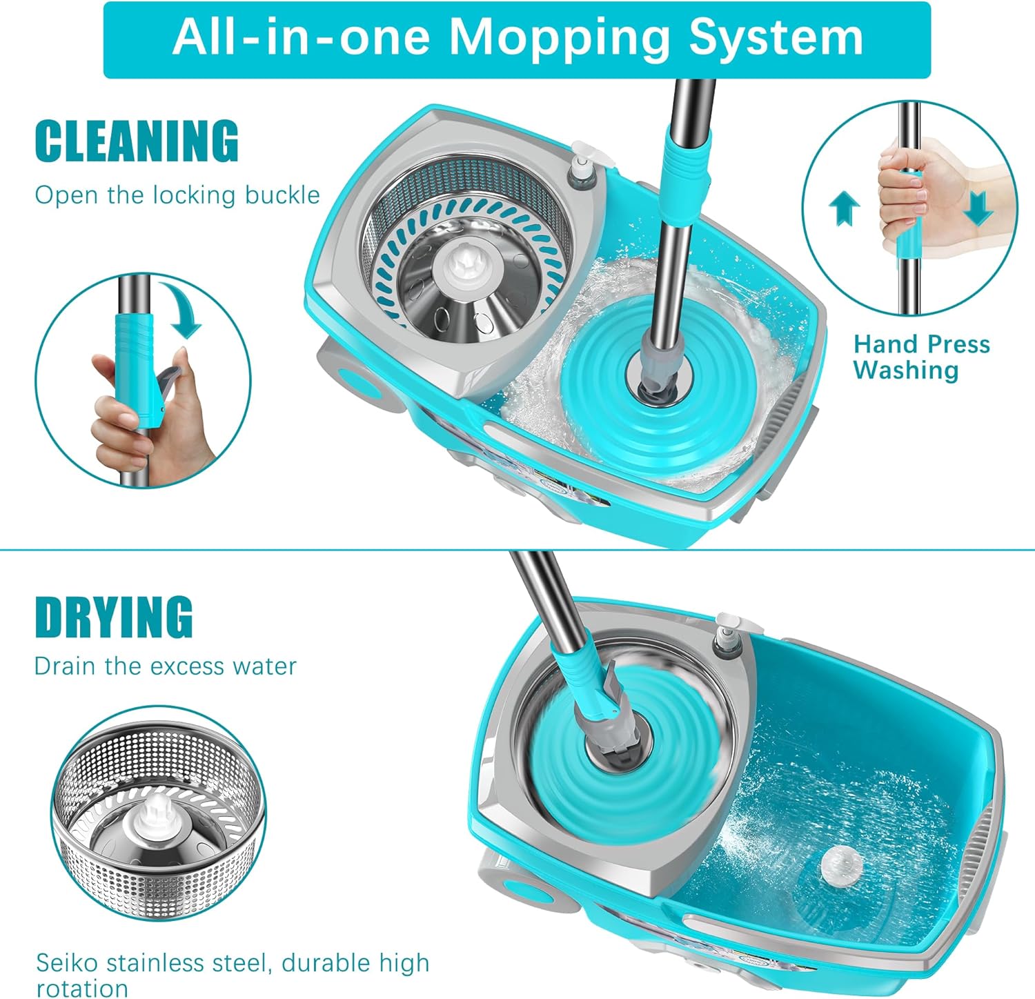 FunClean Spin Mop and Bucket,Mop and Bucket with Wringer Set for Home,360 Spinning Mopping Floor Cleaning Tool with 4 Microfiber Replacement Head Refills,61" Extended Handle, 2X Wheel - Blue