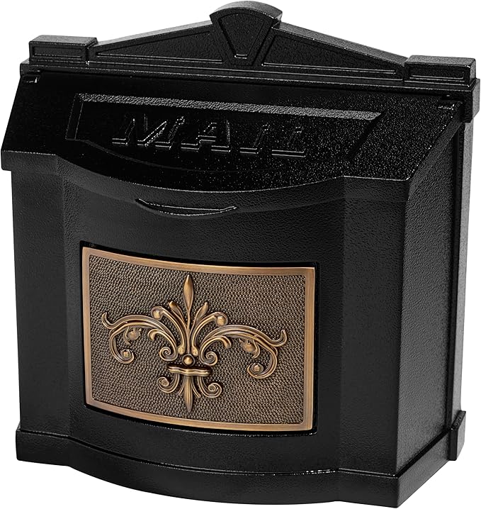Gaines Wallmount Mailbox - Powder Coated Aluminum with Solid Brass Accents - Mounting Hardware Included (Black with Antique Bronze Fleur De Lis)
