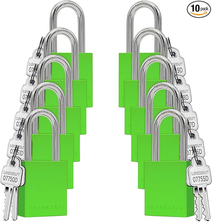 TRADESAFE Lockout Tagout Locks Set - 10 Green Aluminum Loto Locks, Keyed Different Lock Out Tag Out Padlocks, 2 Keys Per Lockout Padlock, OSHA Compliant