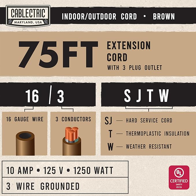 75 ft Brown Outdoor Extension Cord 3 Outlet Triple Tap, 16/3 SJTW Heavy Duty 16 Gauge Exterior Extension Cord with Multiple Outlets 3 Prong, Weatherproof Cable for Landscaping, Deck, Patio