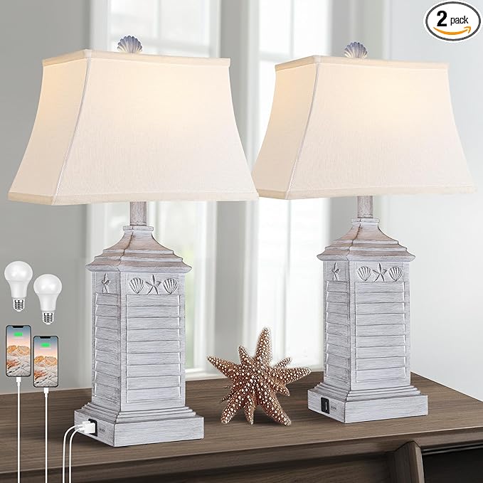 Hamucd Coastal Table Lamps Set of 2, Beach Living Lamps for Bedroom with USB A+C, Antique Grey Modern Resin LED 3-Color Temperature Bedside Nautical Decor, Nightstand Tropical Lamps for End Table.