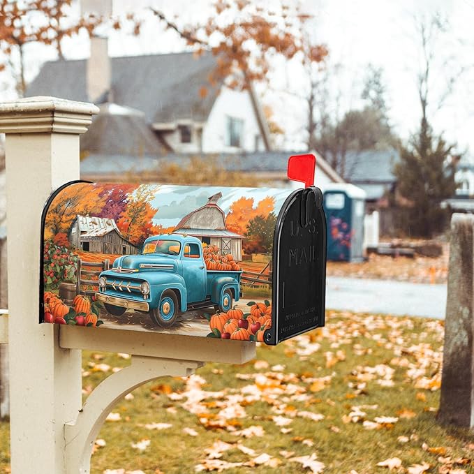 Kawani Fall Mailbox Cover - Autumn Harvest Thanksgiving Pumpkin Farm Truck Magnetic Standard Size 25.5x21 Inch Rustic Waterproof Post Box Wrap Garden Yard Decor for Outdoor