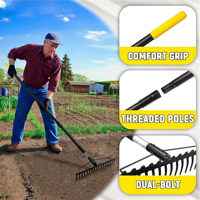 Bow Rake, 68-Inch Adjustable Handle Garden Rake with 17 Steel Tines, Heavy Duty Dual-Sided Metal Rake Landscape Gardening Tool for Soil Loosening Lawn Yard Leaves Mulch Thatch Removing