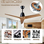 52" Ceiling Fans Without Lights, Solid Wood Ceiling Fan with Remote Control and DC Motor, Ceiling Fan no Light with 3 Blades, Indoor Outdoor Ceiling Fans for Patios, Bedroom-Black + Walnut