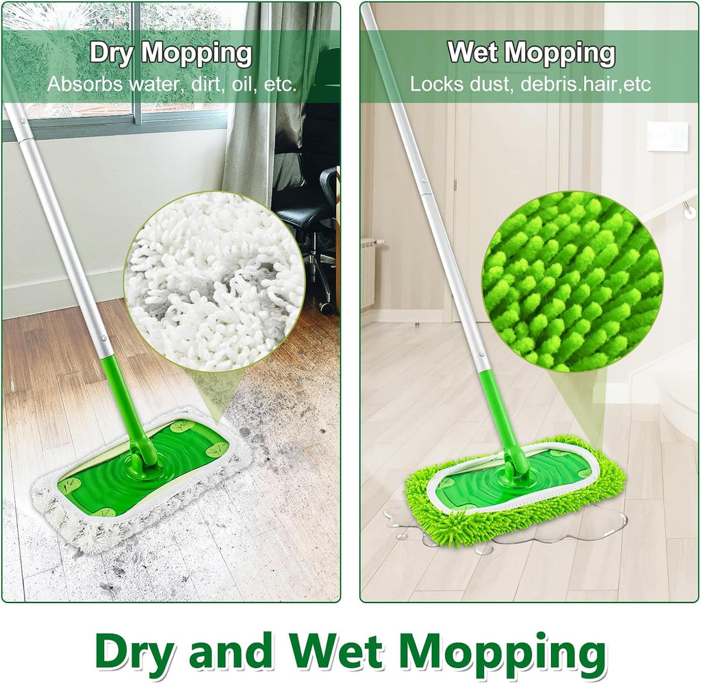 4 Pack Reusable Mop Pads Compatible with Swiffer Sweeper Mop,Wet Pads Refill & Dry Sweeping Cloths,Chenille & Microfiber Refill Pads for Wood Floor Cleaning,Washable Wet Mopping Cloths,Green & Gray
