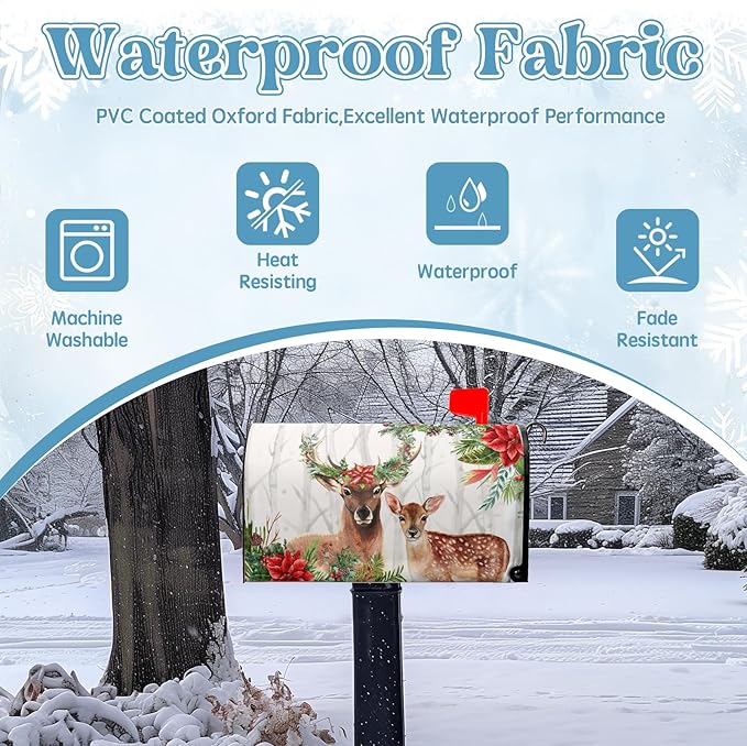 Xmas Deer Mailbox Covers Magnetic Standard Size Winter Floral Mailbox Wraps 21x18 Inch Christmas Deer Post Box Cover Outside Decorations for Garden Yard