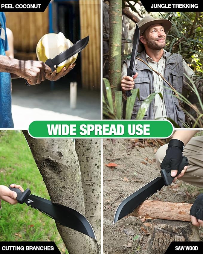 Mossy Oak 16" Heavy Duty Machete with Saw and Sheath, Sharp Dual-Edge Blade, Ergonomic Non-Slip Handle for Bushcraft, Outdoor Hunting, Garden Cutting and Yard Work