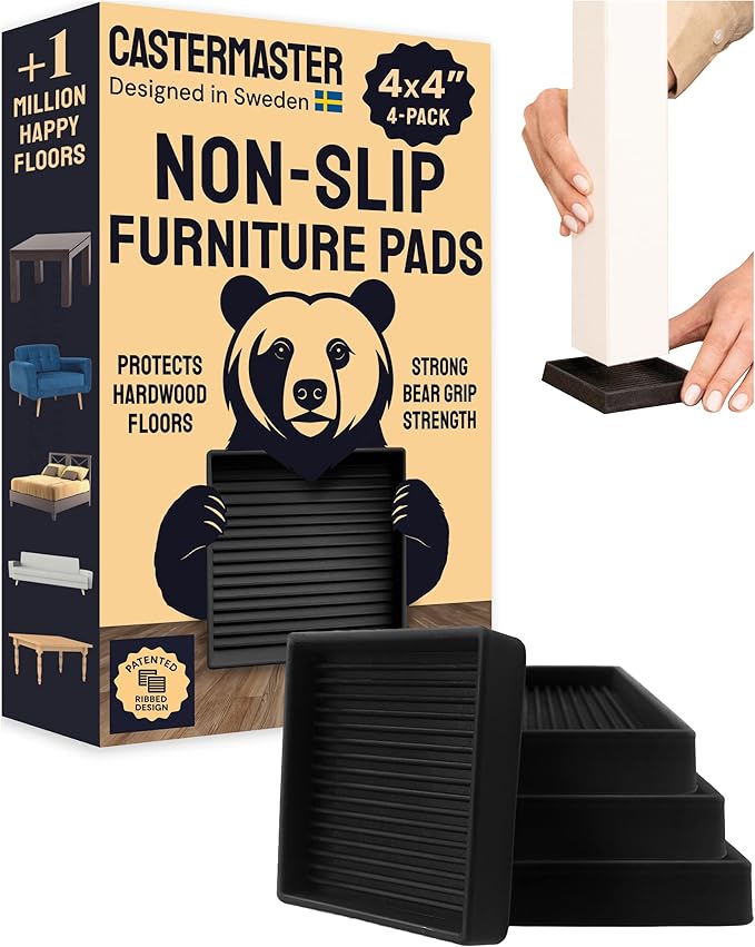 CasterMaster Non-Slip Furniture Pads Square Rubber Caster Cups - 4" x 4", Black, Pack of 4 - Anti-Skid Rubber Feet & Furniture Sliders for Hardwood Floors - Floor Protectors for Chairs