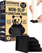 CasterMaster Non-Slip Furniture Pads Square Rubber Caster Cups - 4" x 4", Black, Pack of 4 - Anti-Skid Rubber Feet & Furniture Sliders for Hardwood Floors - Floor Protectors for Chairs