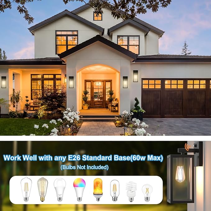 Dusk to Dawn Porch Outdoor Light, 2 Pack Wall Light Fixtures Waterproof Exterior Wall Sconce Light Fixture with E26 Base for Patio Entryway Hallway (Bulb not Included)