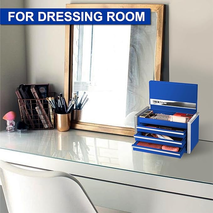P.I.T. Mini Blue Tool Box, Portable 3 Drawer Steel Stackable Tool Box with Magnetic Tab Locking, Blue Micro Top Chest with Liner for Tools Storage and Organizers, Home DIY