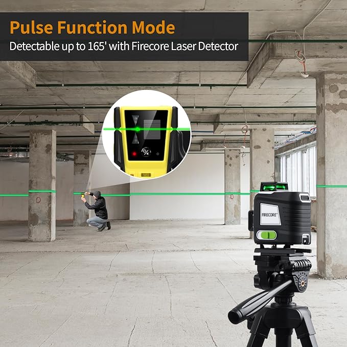 Firecore 4 x 360 Laser Level Self Leveling, 16 Lines Green Beam 4D Cross Line Tiling Floor Tool, 3 Gear Brightness Adjustment/Pulse Mode for Construction, 2 Li-ion Batteries, Remote Control included