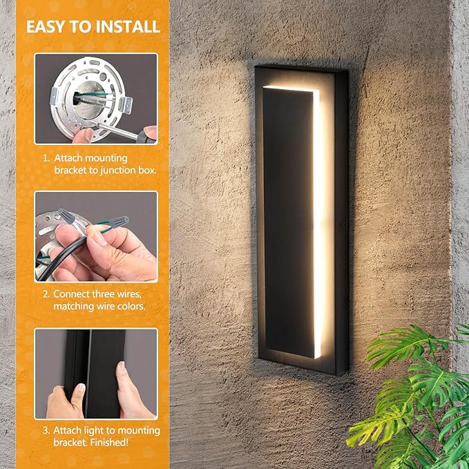 tewei 2 Pack Modern LED Outdoor Wall Lights, Black Exterior Wall Sconce & Indoor Wall Sconce Lighting Fixtures, 15.7'' Large Front Door Lights for Entrance, Hallway, 360° Beam Angle, Warm White 3000K