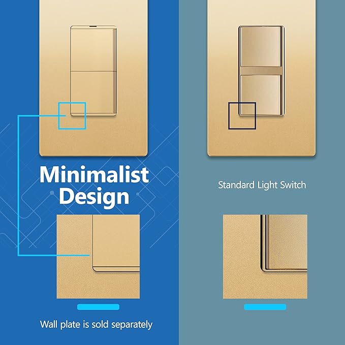 LIDER Minimalist Design Matte Finish Lighted Double Switch, Combination Frameless Decorator Switch with Locator Light, Ground Terminal, Single Pole, 15A 120-277V, UL Listed, LCS2-1P-GD, Gold