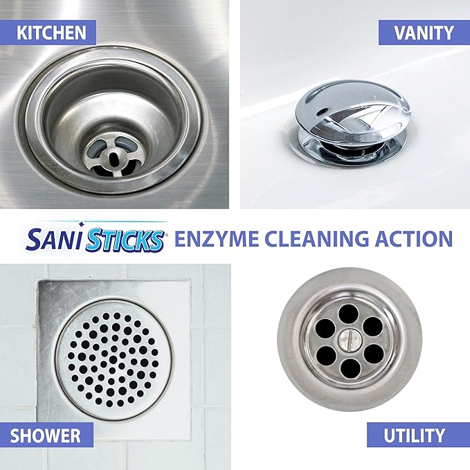 SANI 360° Sani Sticks Drain Cleaner and Deodorizer, 48 Count, Unscented Enzyme Pipe Cleaners, Eliminate Odors, Prevent Clogged Drains, Safe for Sinks, Bathtub Drains, Septic Tanks