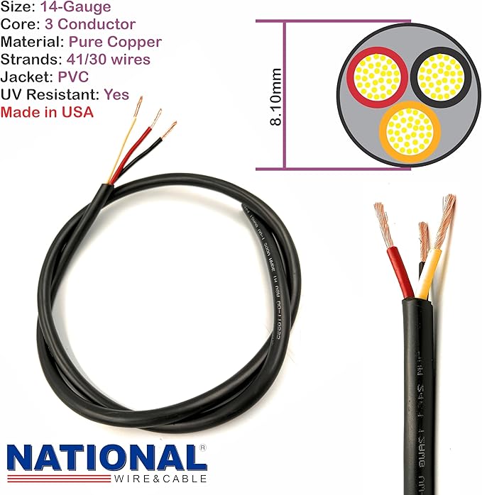 NATIONAL Wire & Cable – 14 AWG 3-Conductor Premium Copper Wire, 1000 ft, Stranded | Made in USA, Heavy-Duty Flexible Jacket | Automotive, Low Voltage, LED, Lights, DIY, Indoor and Outdoor Use